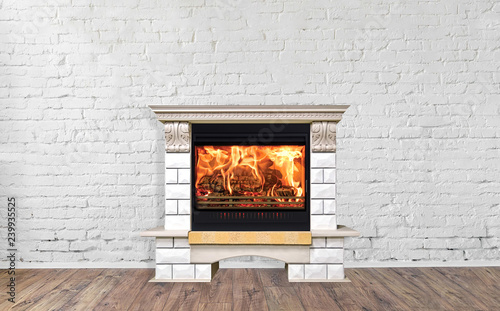 Stone burning fireplace in bright empty living room interior of house