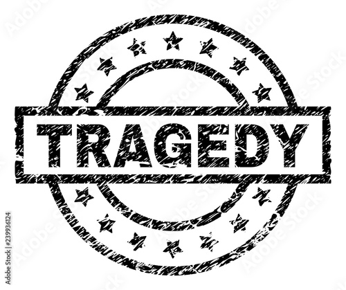 TRAGEDY stamp seal watermark with distress style. Designed with rectangle, circles and stars. Black vector rubber print of TRAGEDY label with unclean texture.