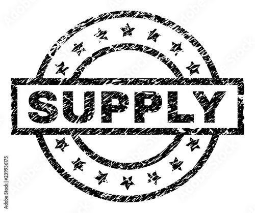 SUPPLY stamp seal watermark with distress style. Designed with rectangle, circles and stars. Black vector rubber print of SUPPLY title with unclean texture.