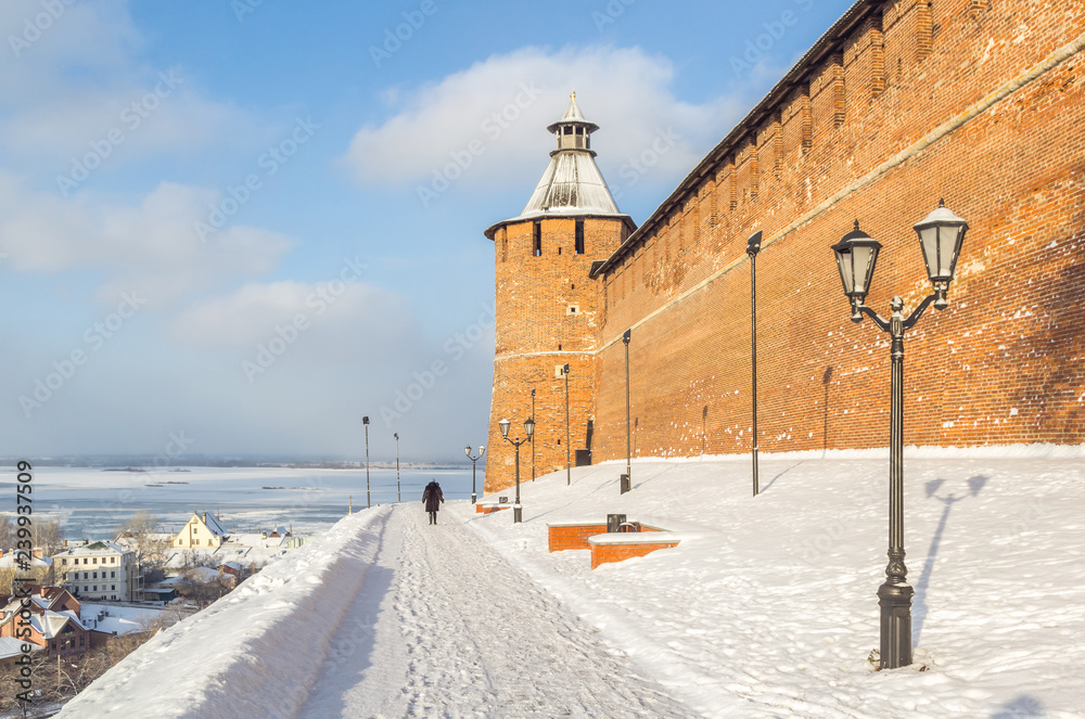 Lantern on the winter Kremlin alley in Nizhny Novgorod