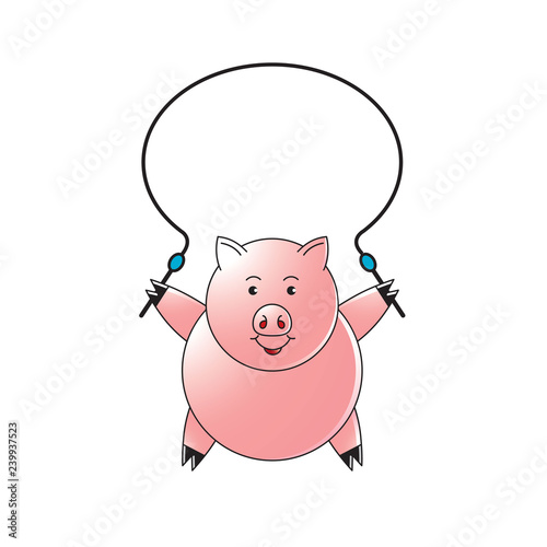 happy cute pig cartoon jumping rope isolated on white background
