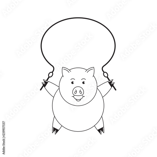black and white cute pig cartoon jumping rope isolated on white background