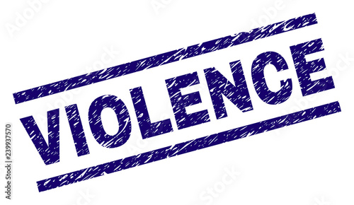 VIOLENCE seal print with distress style. Blue vector rubber print of VIOLENCE text with retro texture. Text title is placed between parallel lines.