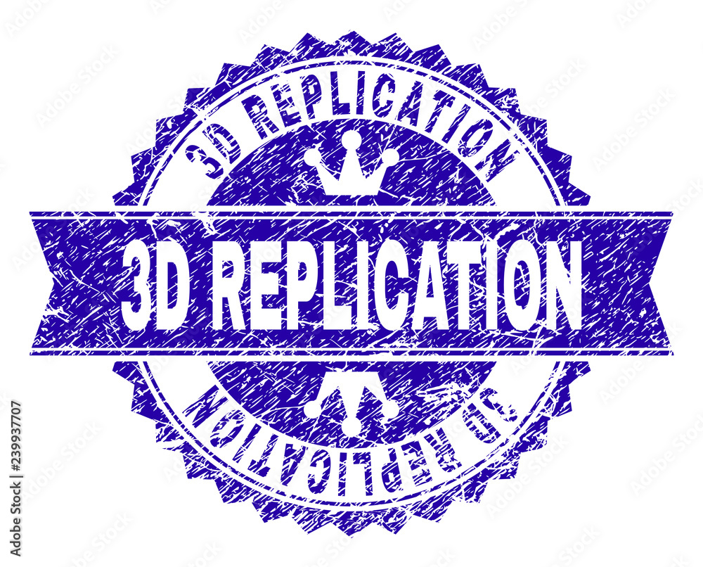 3D REPLICATION rosette stamp watermark with grunge effect. Designed with round rosette, ribbon and small crowns. Blue vector rubber watermark of 3D REPLICATION text with grunge texture. 3D REPLICATION rosette stamp watermark with grunge effect. Designed with round rosette, ribbon and small crowns. Blue vector rubber watermark of 3D REPLICATION text with grunge texture.