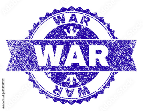 WAR rosette stamp seal overlay with distress texture. Designed with round rosette, ribbon and small crowns. Blue vector rubber watermark of WAR title with retro texture.