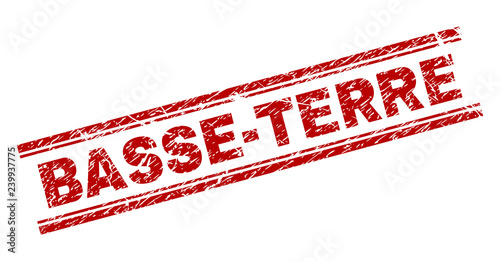 BASSE-TERRE seal print with corroded texture. Red vector rubber print of BASSE-TERRE text with unclean texture. Text caption is placed between double parallel lines.