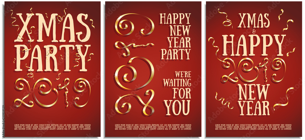 Vector set of posters, greetings, cards, invitations to the Christmas and happy New Year party. Photorealistic serpentina and the inscription 2019 brilliant gold serpentine on a red background