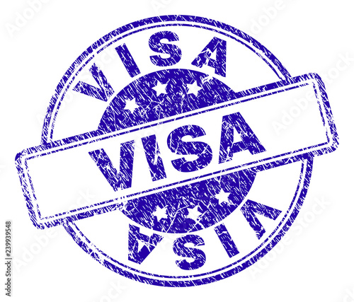 VISA stamp seal imprint with distress texture. Designed with rounded rectangles and circles. Blue vector rubber print of VISA text with dust texture.