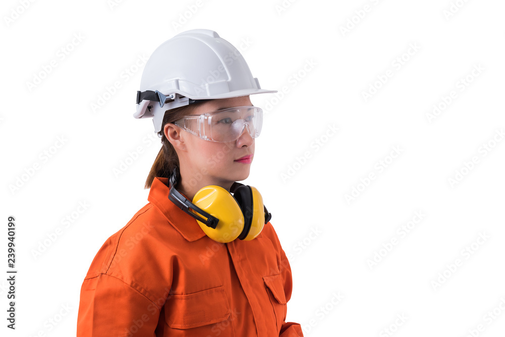 portrait of a woman worker in Mechanic Jumpsuit isolated on white background portrait of a woman worker in Mechanic Jumpsuit isolated on white background