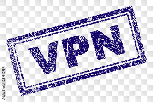 VPN stamp seal watermark with rubber print style and double framed rectangle shape. Stamp is placed on a transparent background. Blue vector rubber print of VPN text with unclean texture.