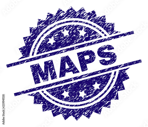 MAPS stamp seal watermark with distress style. Blue vector rubber print of MAPS label with unclean texture.