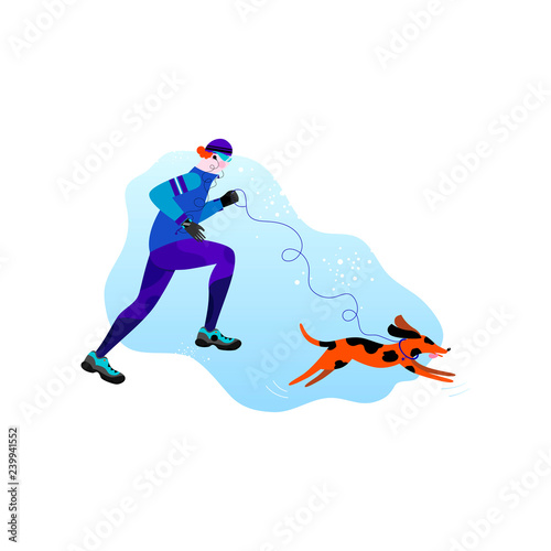 Winter running concept. Young athletic man with dog doing jogging. Pet with a leash and collar in flat style