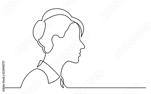 continuous line drawing of isolated on white background profile portrait of ordinary woman