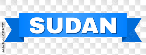 SUDAN text on a ribbon. Designed with white caption and blue tape. Vector banner with SUDAN tag on a transparent background.