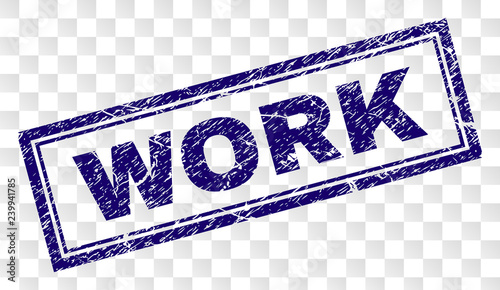 WORK stamp seal print with rubber print style and double framed rectangle shape. Stamp is placed on a transparent background. Blue vector rubber print of WORK tag with unclean texture.