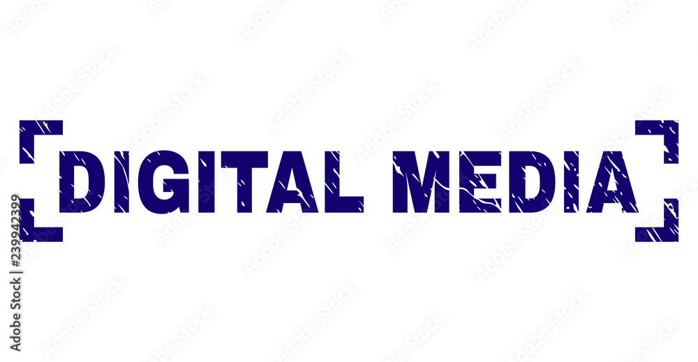 DIGITAL MEDIA tag seal print with corroded texture. Text caption is placed between corners. Blue vector rubber print of DIGITAL MEDIA with grunge texture.