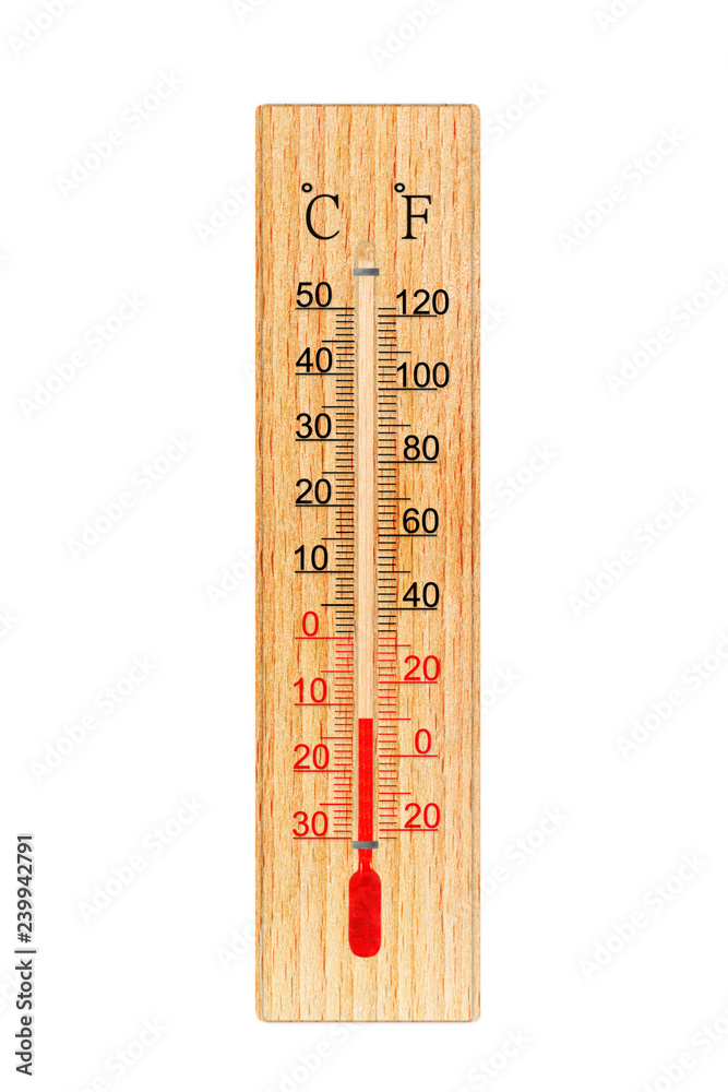 Wooden thermometer isolated on white background. Thermometer shows air  temperature minus 12 degrees celsius or plus 10 degrees fahrenheit Stock  Photo | Adobe Stock