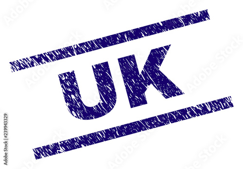 UK seal print with scratced style. Blue vector rubber print of UK tag with unclean texture. Text tag is placed between parallel lines.