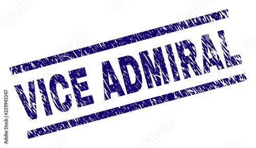 VICE ADMIRAL seal print with scratced style. Blue vector rubber print of VICE ADMIRAL label with dirty texture. Text label is placed between parallel lines.