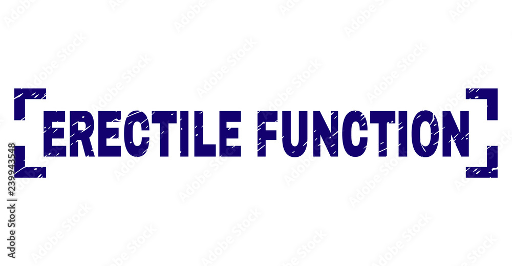 ERECTILE FUNCTION text seal watermark with distress texture. Text title is placed inside corners. Blue vector rubber print of ERECTILE FUNCTION with unclean texture.