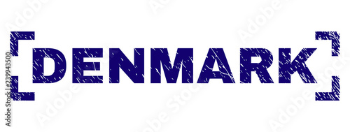 DENMARK text seal print with grunge effect. Text title is placed between corners. Blue vector rubber print of DENMARK with unclean texture.