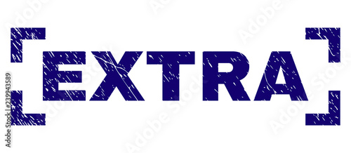 EXTRA title seal print with corroded texture. Text title is placed between corners. Blue vector rubber print of EXTRA with dust texture.