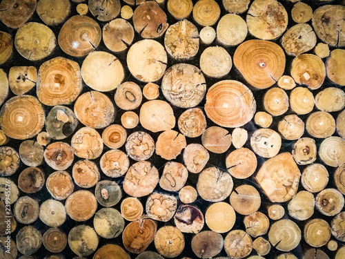 Timber log background Many heartwood wall logs stacke pile of Firewood