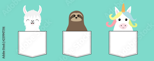 Llama alpaca, sloth, unicorn in the pocket. Animal set. Cute cartoon funny kawaii character. T-shirt, greeting card, poster print. Flat design. Blue background.