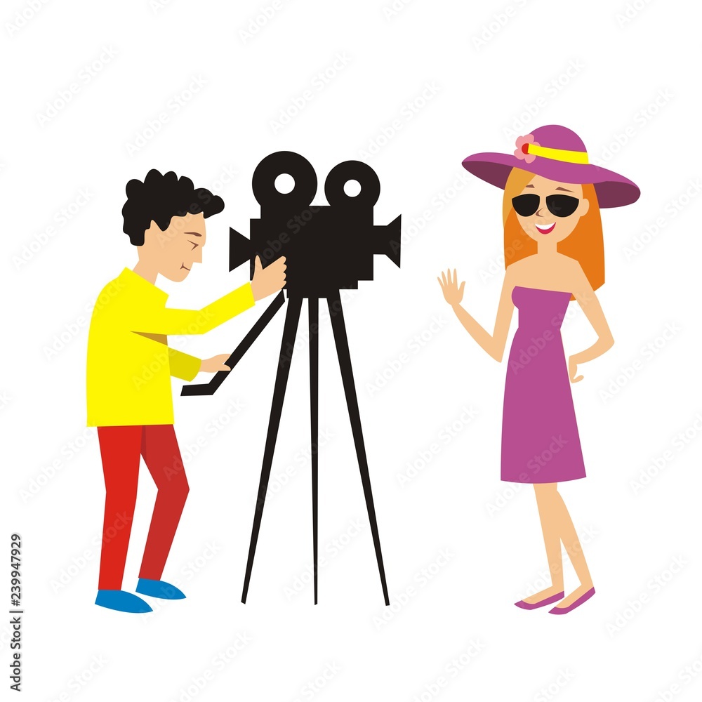 Naklejka premium actress poses for camera man in TV program. vector illustration