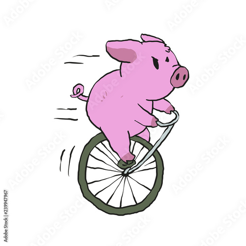 Pig riding a vintage monocycle