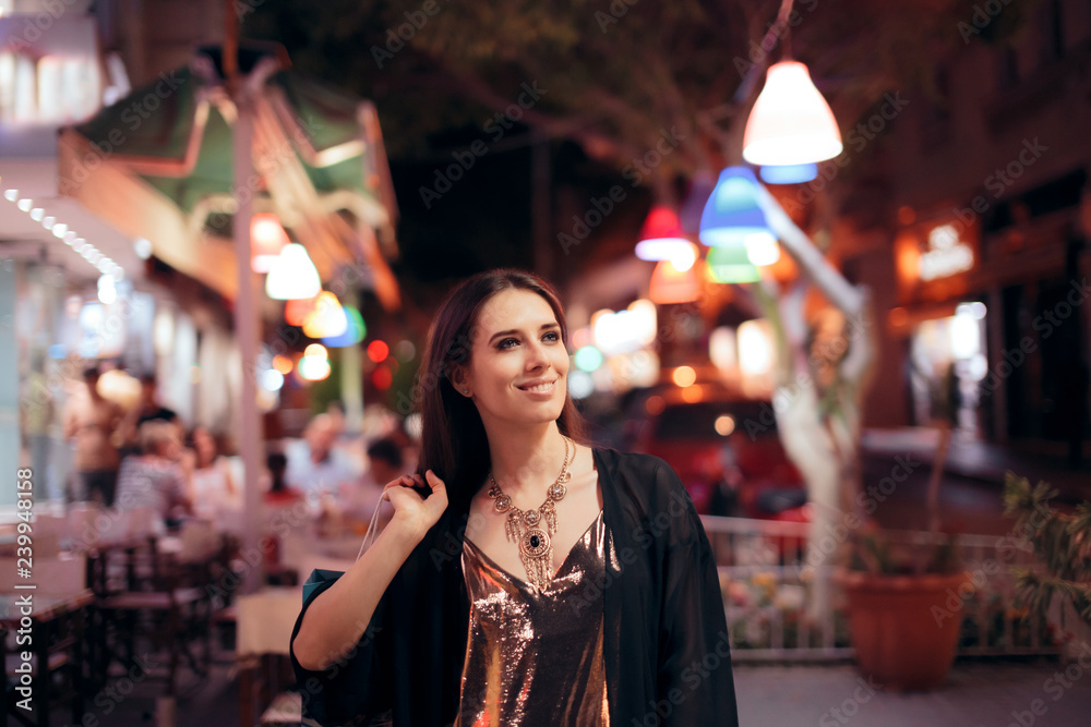 Happy Tourist Shopping in the Evening in the City Happy Tourist Shopping in the Evening in the City