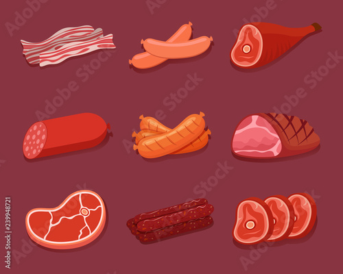 Meat icon set. Various meat products, sausages, bacon and steak. Vector Illustration.