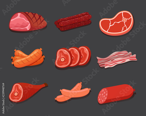 Meat icon set. Various meat products, sausages, bacon and steak. Vector Illustration.