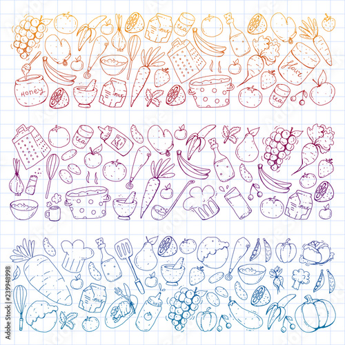 Kitchen and cooking seamless pattern. Icons of food and drinks. Colorful images for wrapping paper, textile, fabric.