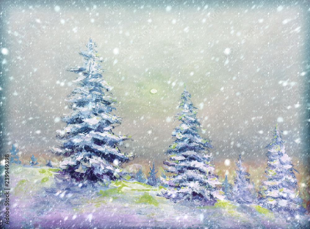 snow on trees painting