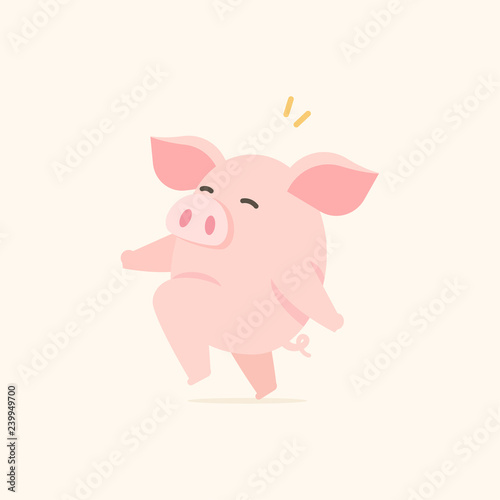 Cute little pig walking jumping happily, cartoon vector illustration.