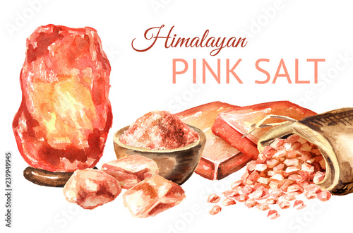 Himalayan pink salt card. Watercolor hand drawn illustration, isolated on white background