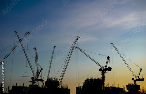 Silhouette crane working in construction site