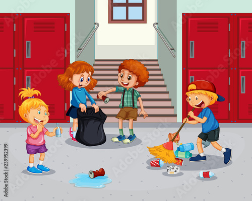 Student cleaning school hallway