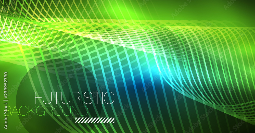 Glowing abstract wave on dark, shiny motion, Christmas and New Year magic space light. Techno abstract background