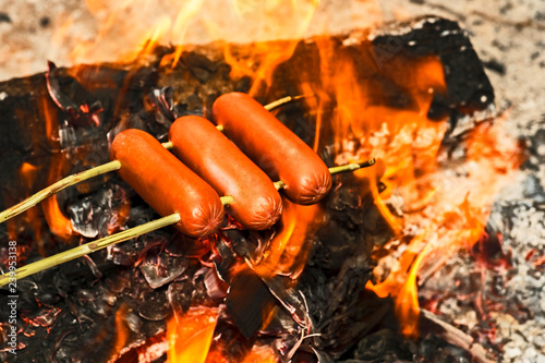 Beef sausages are fried on an open fire. Background. The concept is a camp kitchen