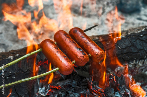 Beef sausages are fried on an open fire. Background. The concept is a camp kitchen