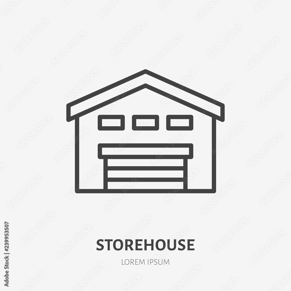 Storehouse flat line icon. Vector thin sign of garage, building exterior, rent logo. Real estate illustration