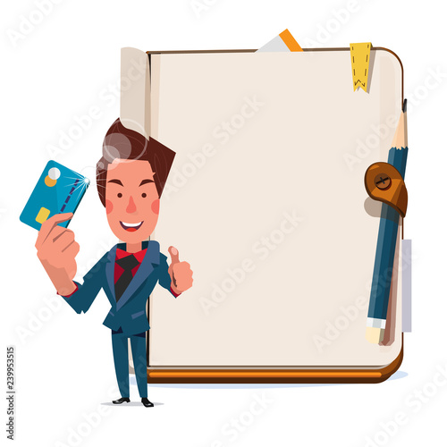 businessman holding creditcard with blank book in background. showing the right way to use creditcard - vector