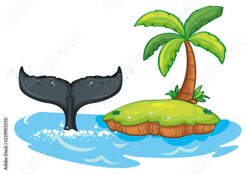Humpback whale tail next to island