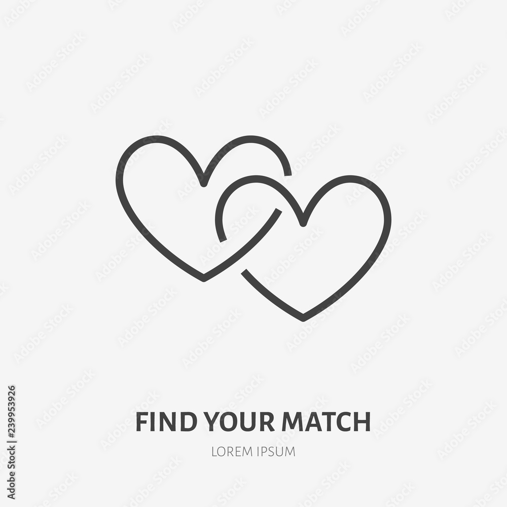 Two connected hearts flat line icon. Vector thin sign of love, dating site logo. Romantic date, valentines day illustration