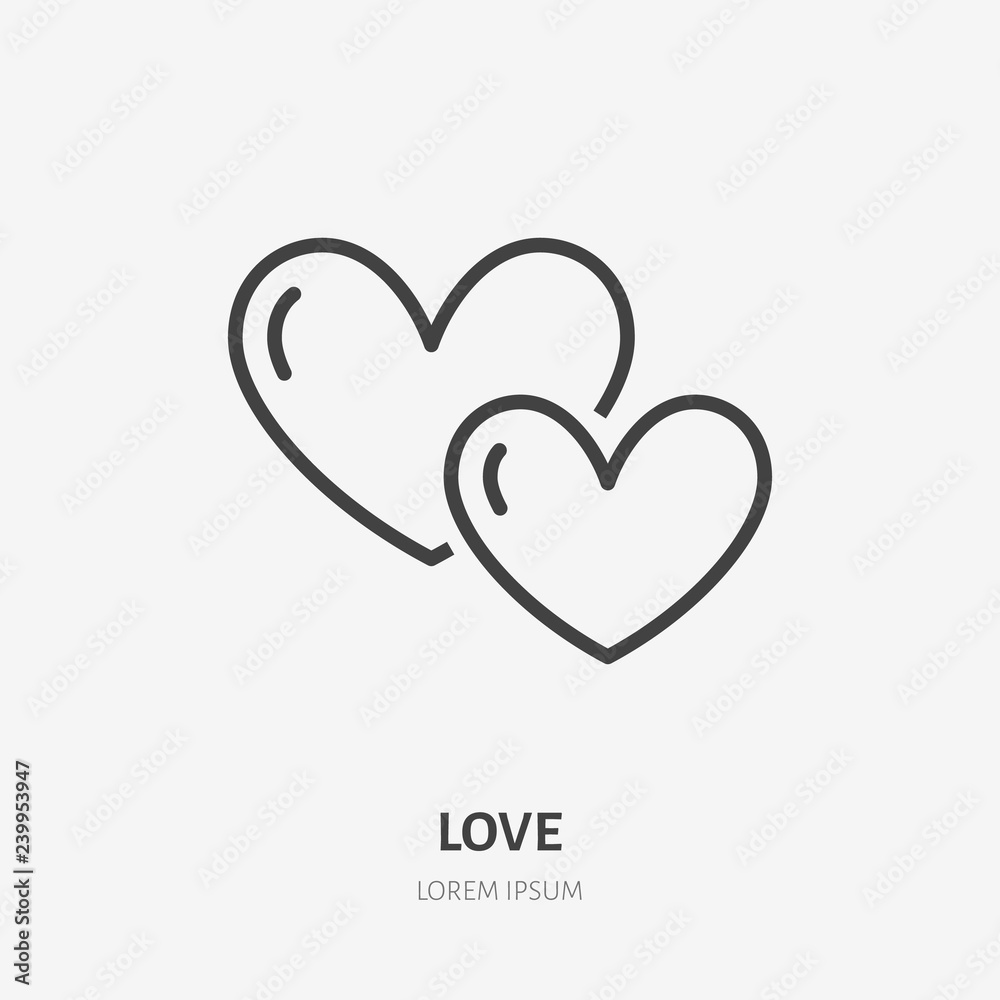 Two hearts flat line icon. Vector thin sign of love, dating site logo. Romantic date, valentines day illustration
