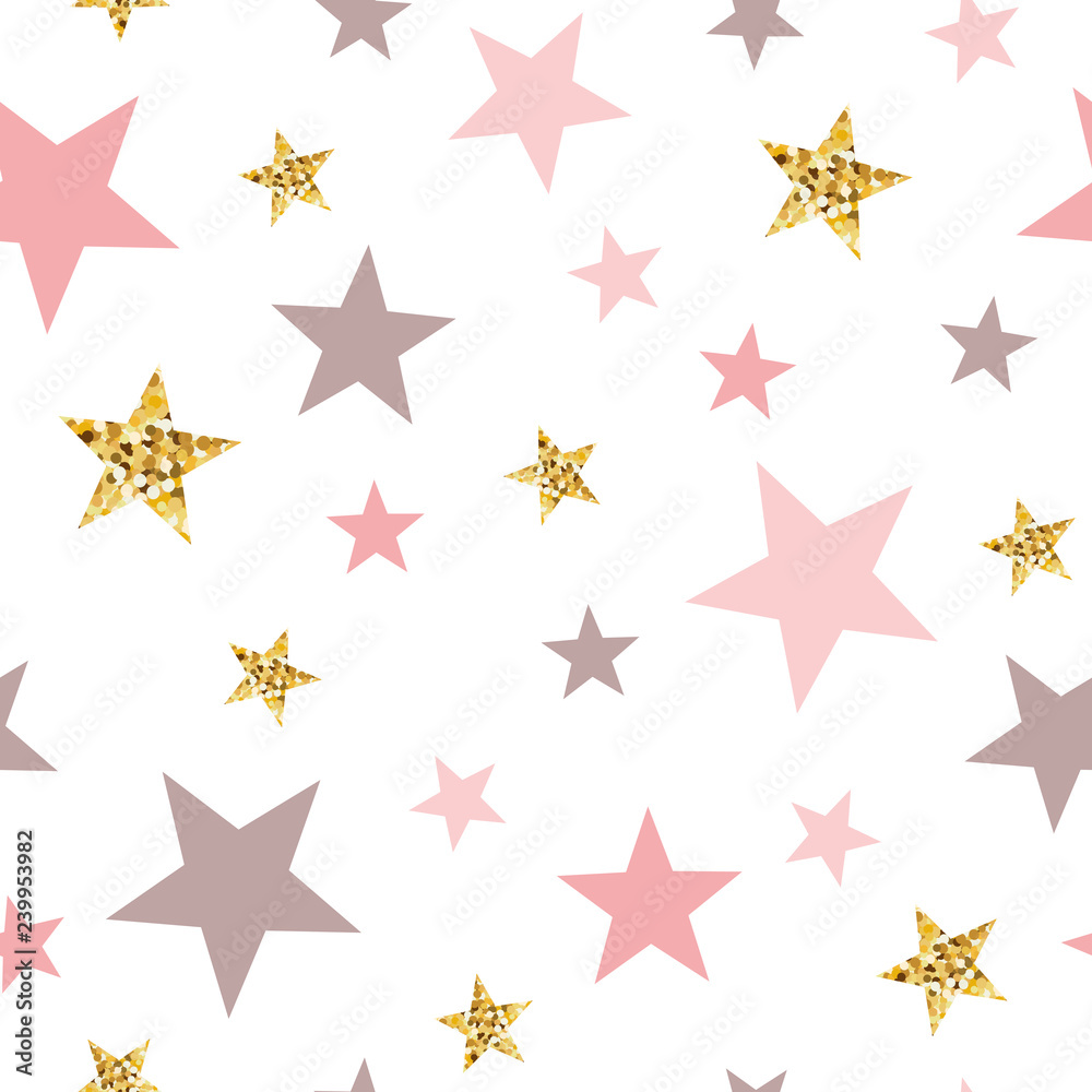 Vector pink seamless pattern gold glitter stars pink for Christmas backgound or baby shower sweet girl design Vector pink seamless pattern gold glitter stars pink for Christmas backgound or baby shower sweet girl design
