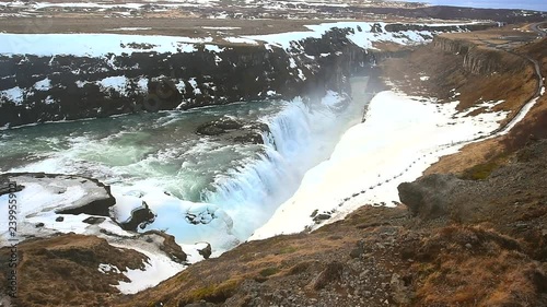Gullfoss waterfall view and winter Landscape picture in the winter season, Gullfoss is one of the most popular waterfalls in Iceland and tourist attractions in the canyon of the Hvita river Iceland