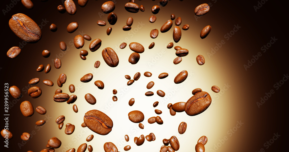Obraz premium Steaming of coffee beans on a beautiful brown background. 3d illustration